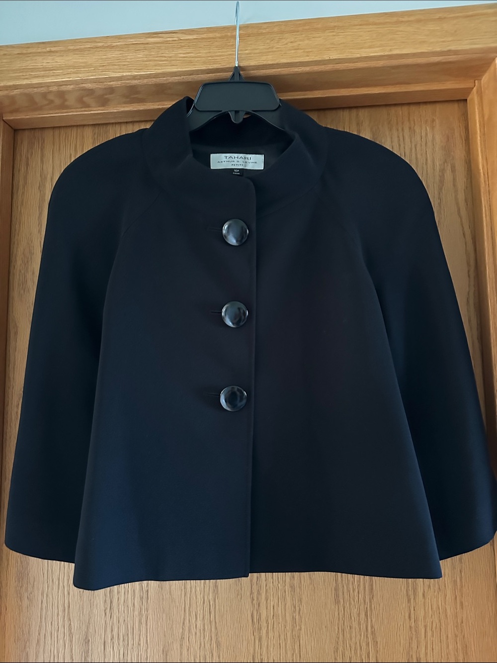 Tahari Black Cropped Cape Jacket with Statement Buttons